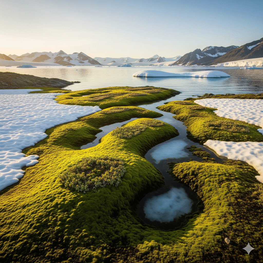 Lush green moss and melting snow showing Antarctic ice reveals Earth’s accelerating plant growth.