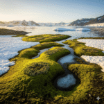 Lush green moss and melting snow showing Antarctic ice reveals Earth’s accelerating plant growth.