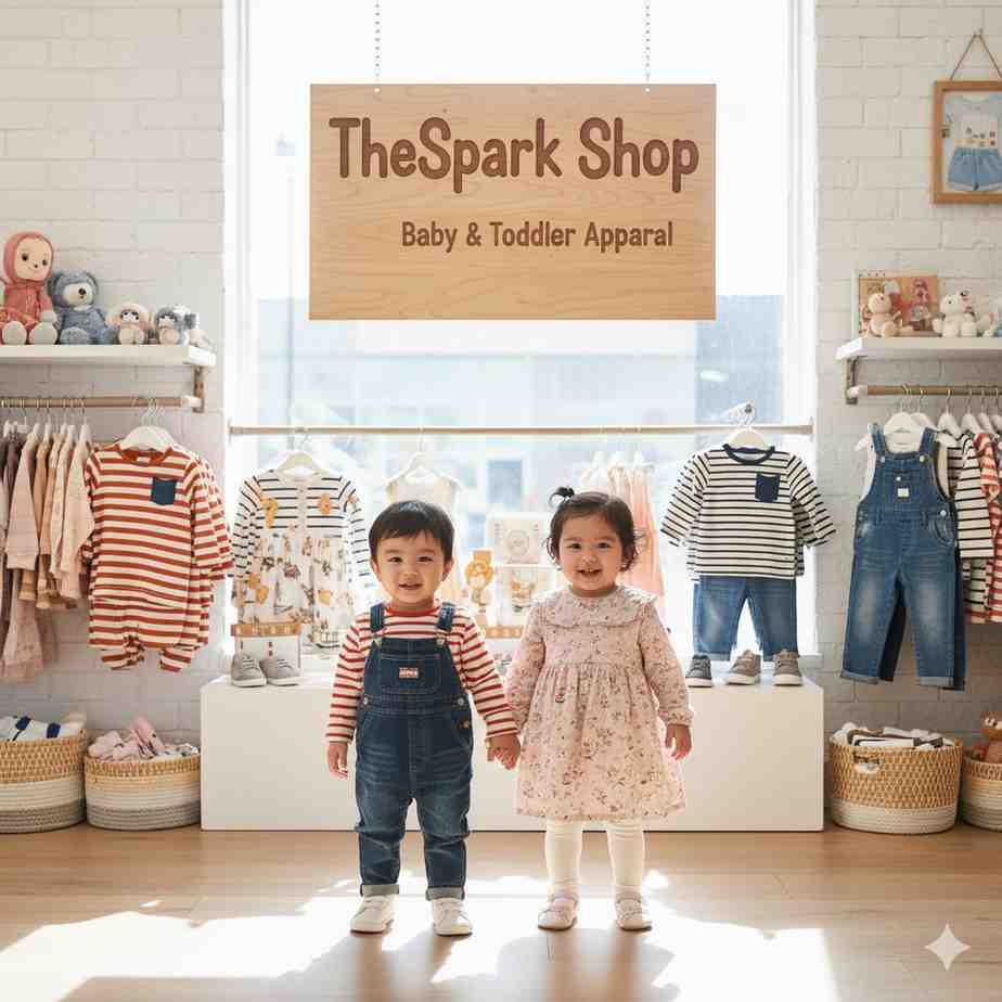 Informational graphic highlighting key features of TheSpark Shop kids clothes for baby boy & girl, including sizing tips, fabric quality, and value for parents.
