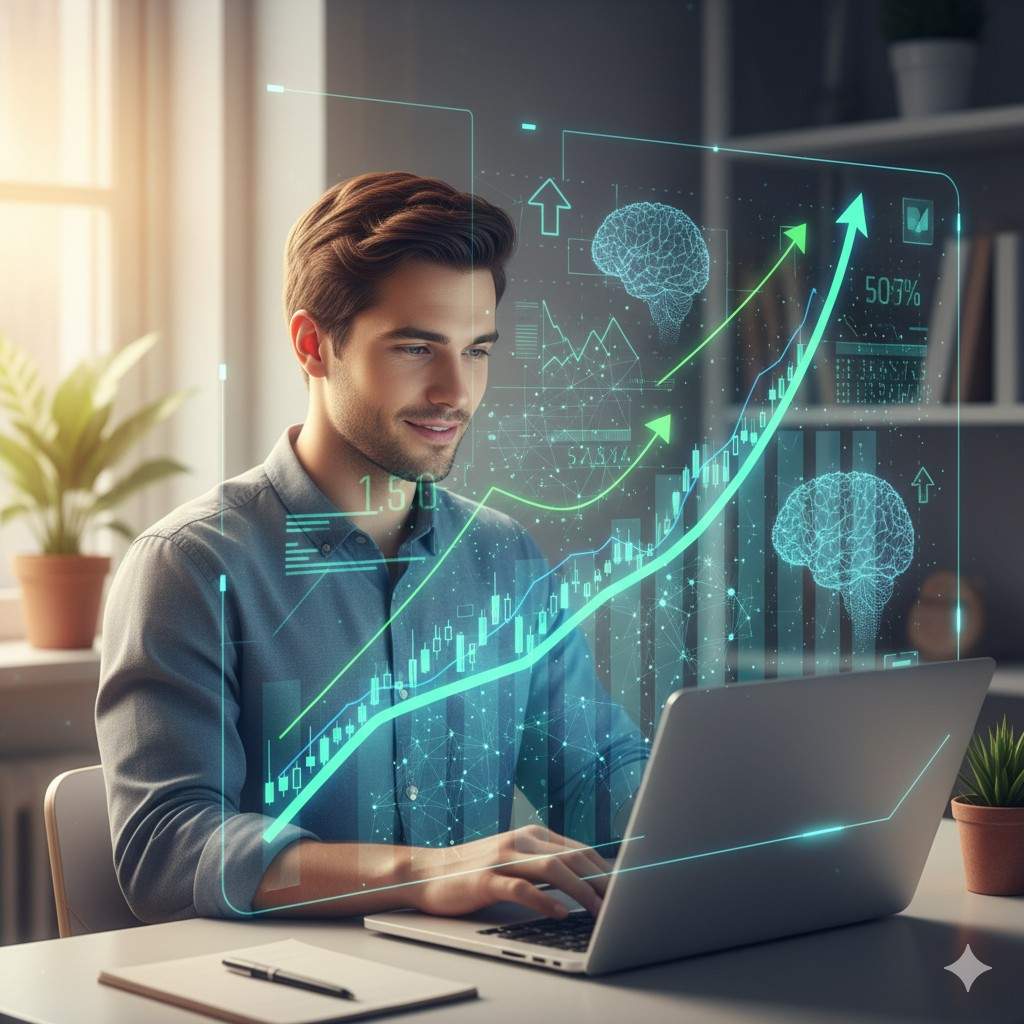 Investor using AI-powered stock analysis platform with digital charts and data visualization