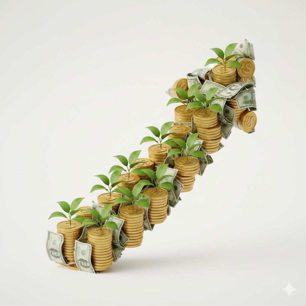 Upward trending arrow made of stacked coins and dollar bills with small plants growing from them, symbolizing wealth growth. Clean background, optimistic green and gold colors, 3D rendered style but not overly complex. Investment growth metaphor.