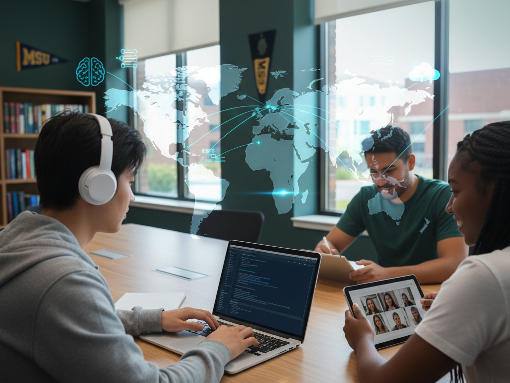 Students collaborating online in a global tech program, representing the MSU Global Tech Experience.