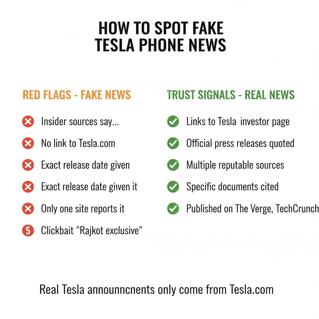 Checklist showing red flags of fake Tesla phone news versus trust signals of real announcements