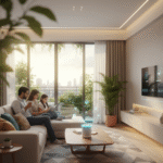 Modern Indian family relaxing in a smart living room with a voice assistant, AI-controlled lighting, and a digital thermostat, showcasing AI-powered home automation in India