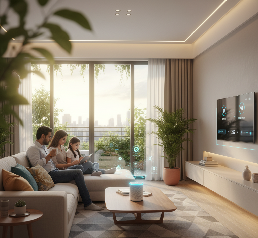 Modern Indian family relaxing in a smart living room with a voice assistant, AI-controlled lighting, and a digital thermostat, showcasing AI-powered home automation in India