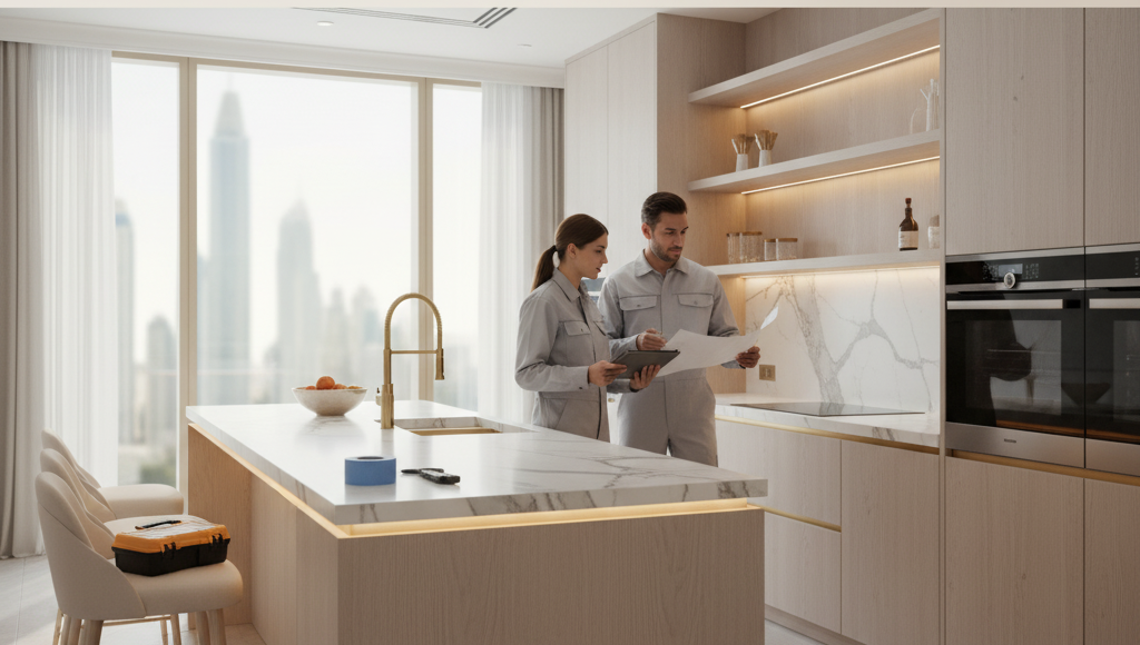 Professional renovation contractors discuss blueprints in a modern luxury kitchen with marble countertops and high-end appliances, perfect for Dubai kitchen remodelling projects.