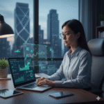 Here's an SEO-friendly alt text for the image: "Young investor uses AI-powered stock analysis on a laptop with holographic financial charts, demonstrating smart investing insights in a modern office with a city view."