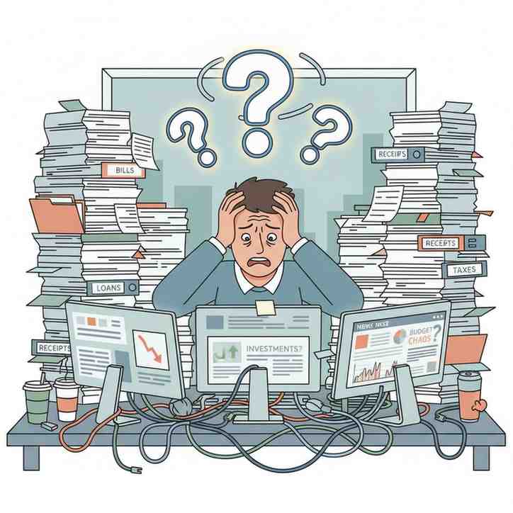 Overwhelmed investor struggling with information overload from traditional stock research methods