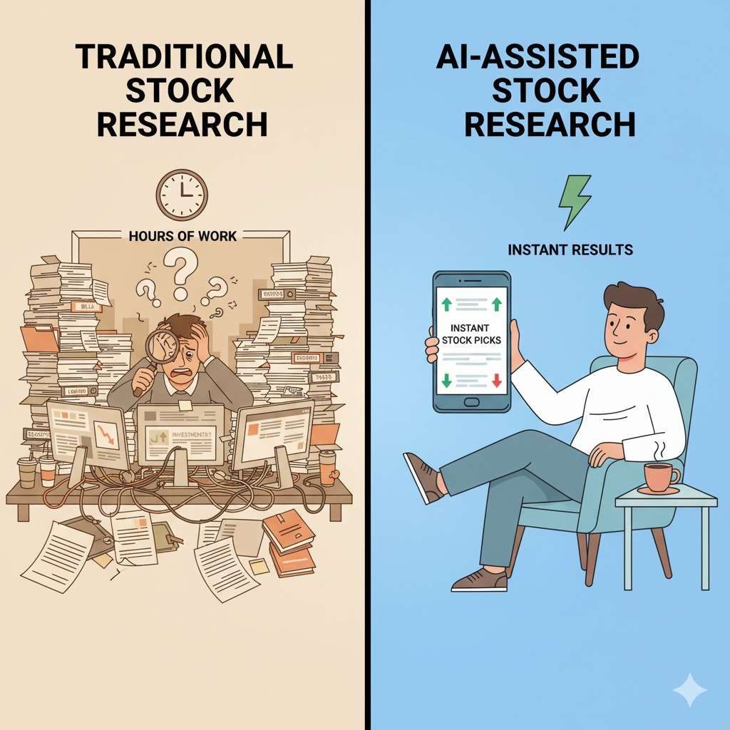 Comparison between time-consuming traditional stock research and efficient AI-powered analysis