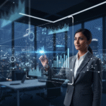 Business professional interacting with a holographic AI data dashboard in a modern office, visualizing predictive analytics and network connections for AI-driven ERP systems