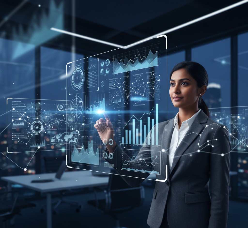 Business professional interacting with a holographic AI data dashboard in a modern office, visualizing predictive analytics and network connections for AI-driven ERP systems