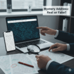 Hands pointing at a digital map on a laptop displaying a fake address search and a smartphone showing 'No Results Found,' with physical maps and a magnifying glass, symbolizing address verification and online data investigation.