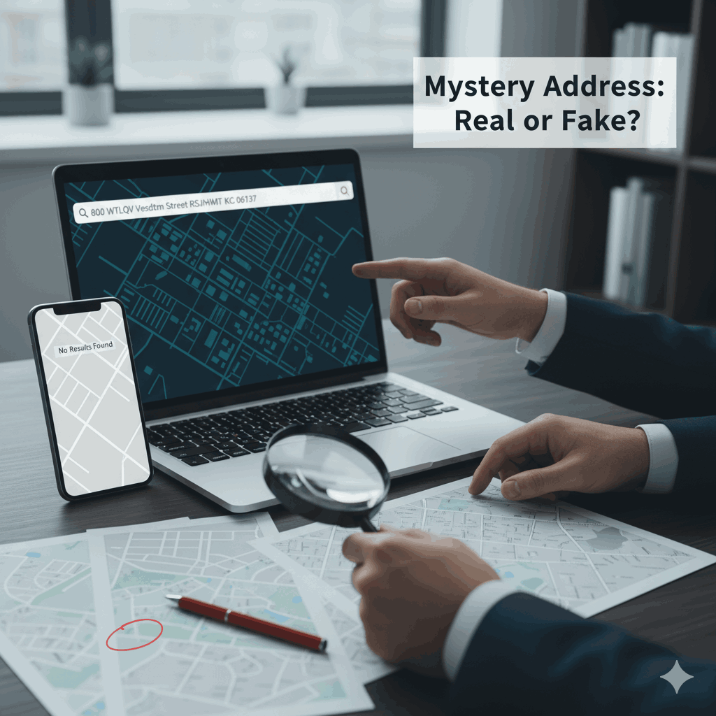 Hands pointing at a digital map on a laptop displaying a fake address search and a smartphone showing 'No Results Found,' with physical maps and a magnifying glass, symbolizing address verification and online data investigation.
