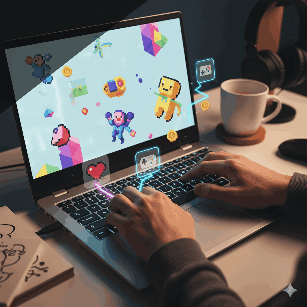 Hands on laptop keyboard (Z,X,C,V,B,N,M keys) playing a colorful pixel art mini-game, with retro gaming icons and glowing light effects, representing keyboard-only indie games.