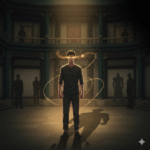 Humble man with glowing eyes and a golden aura, standing in a wealthy courtyard with blurred silhouettes, symbolizing hidden power awakening and cultivation in manhua.