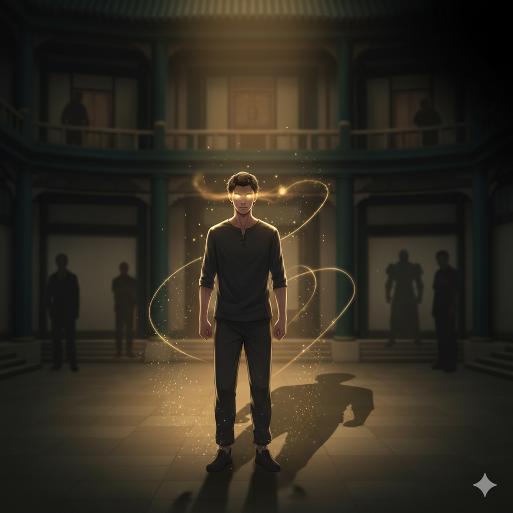 Humble man with glowing eyes and a golden aura, standing in a wealthy courtyard with blurred silhouettes, symbolizing hidden power awakening and cultivation in manhua.