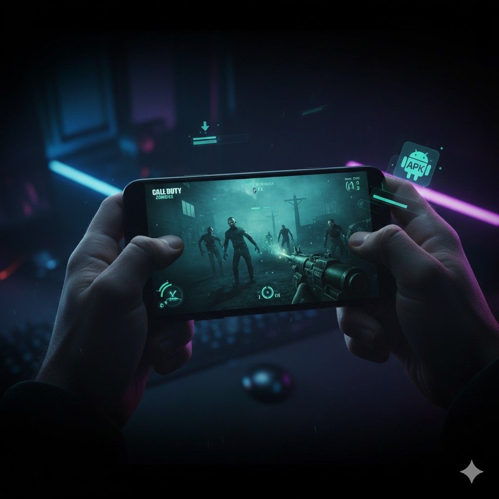 Modern Android smartphone displaying Call of Duty: Black Ops Zombies gameplay with first-person zombie shooter action on screen, held in landscape gaming position against dark atmospheric background with blue and green accent lighting