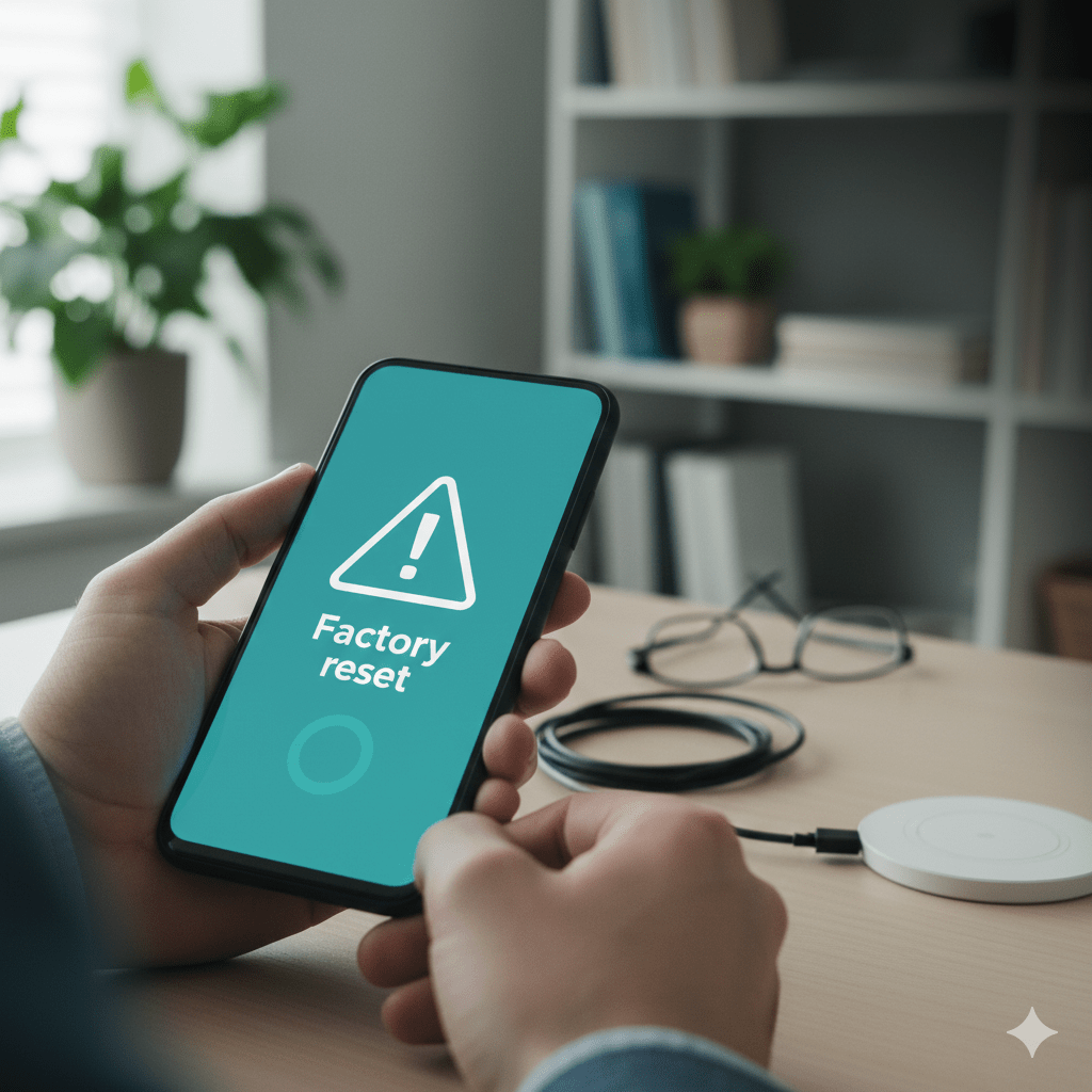 A hand holding an Android smartphone showing a 'Factory Reset' warning screen with an exclamation mark, illustrating the steps to hard reset or wipe an Android phone and prepare for sale.