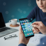 Person's hands holding an Android smartphone, moving an app icon into a secure folder on screen, surrounded by privacy icons (lock, shield, eye-with-slash), illustrating how to hide apps on Android for enhanced mobile privacy.