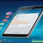 Modern Android smartphone displaying settings screen with cache clearing interface, surrounded by popular app icons on clean blue gradient background"