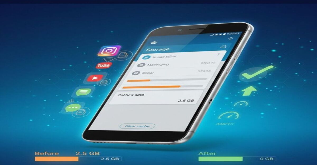 Modern Android smartphone displaying settings screen with cache clearing interface, surrounded by popular app icons on clean blue gradient background"