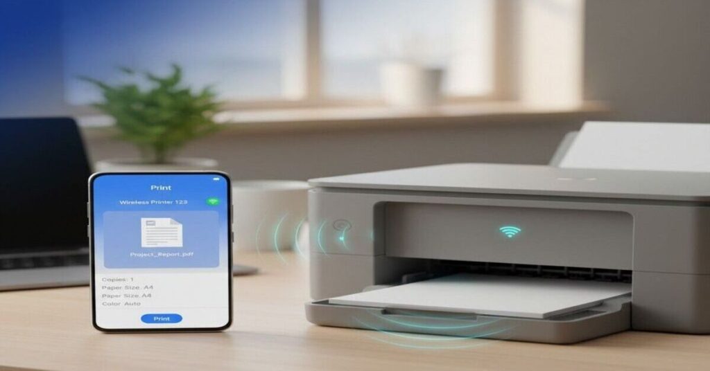 A realistic Android smartphone showing the print dialog with a detected wireless printer, placed on a modern desk with a home WiFi printer in the background, used to illustrate a guide on printing from Android phones.