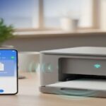 A realistic Android smartphone showing the print dialog with a detected wireless printer, placed on a modern desk with a home WiFi printer in the background, used to illustrate a guide on printing from Android phones.