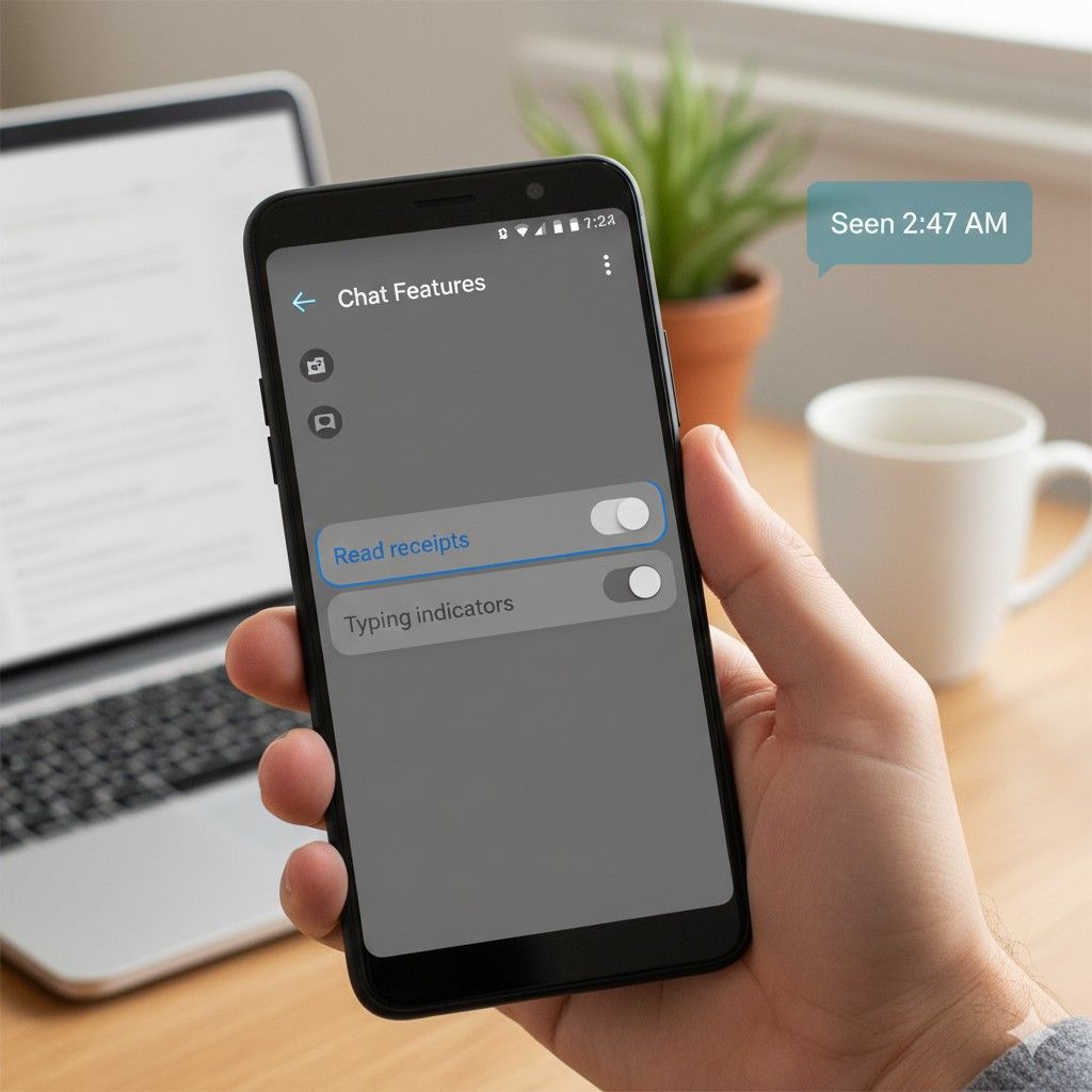 Hand holding an Android phone displaying messaging settings with the Read Receipts toggle turned OFF (grayed out), symbolizing digital privacy and how to disable chat read receipts on Android.