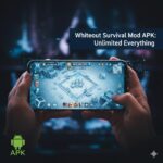 Hands holding Android smartphone displaying Whiteout Survival mod APK with unlimited money and diamonds on icy game interface