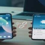 A realistic iPhone displaying the AirDrop menu beside an Android phone showing Nearby Share, with a broken connection icon between them to represent that AirDrop doesn’t work on Android.