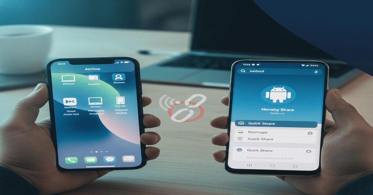 A realistic iPhone displaying the AirDrop menu beside an Android phone showing Nearby Share, with a broken connection icon between them to represent that AirDrop doesn’t work on Android.