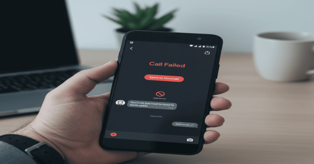Android smartphone screen showing a 'Call Failed' error and an unread messages thread, with a subtle blocked contact icon, illustrating phone communication issues like call blocking or voicemail diversion.