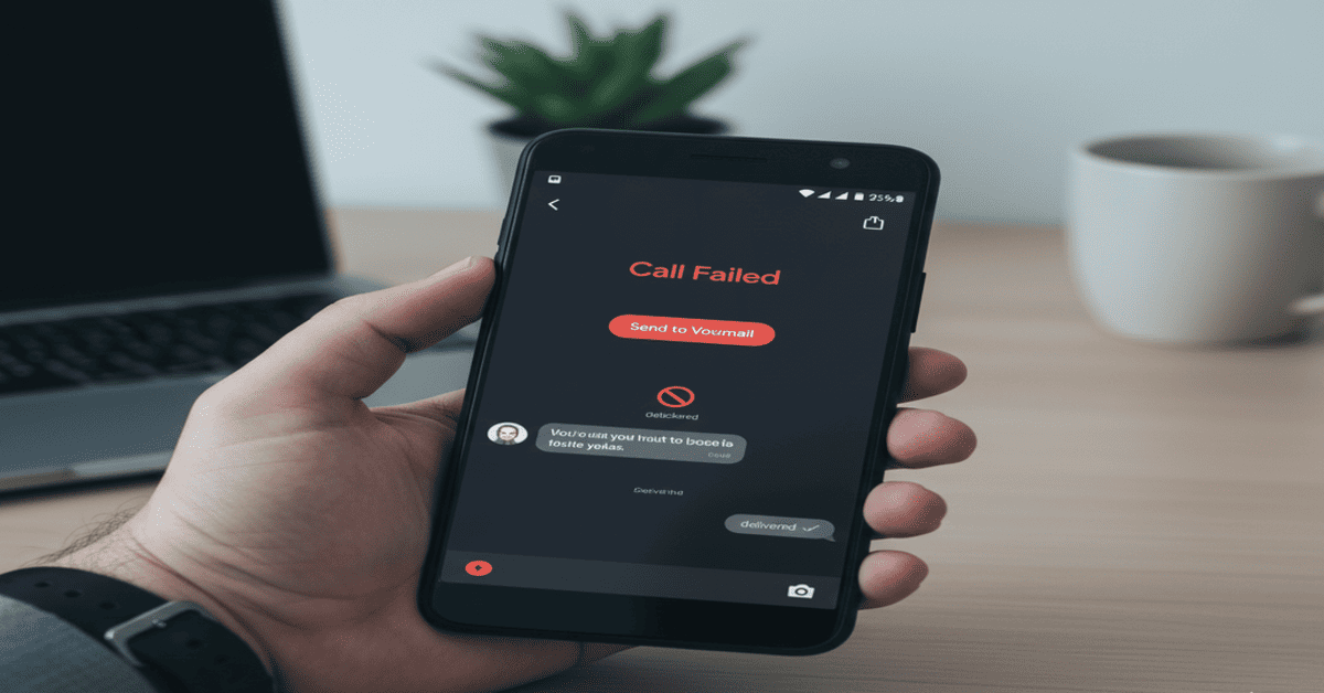 Android smartphone screen showing a 'Call Failed' error and an unread messages thread, with a subtle blocked contact icon, illustrating phone communication issues like call blocking or voicemail diversion.