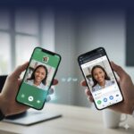 Side-by-side comparison of FaceTime on iPhone versus Android browser showing cross-platform video calling interface differences