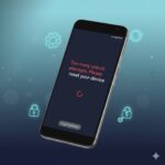 Android smartphone displaying a locked screen with a 'too many attempts' security warning, featuring reset icons and a gradient tech background, symbolizing mobile security and unlocking troubleshooting
