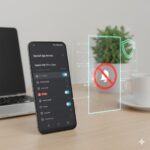 Android smartphone displaying app permissions settings to stop pop-up ads on android, with a fading ad overlay and shield icons, illustrating a guide on how to stop unwanted ads and enhance privacy on Android.