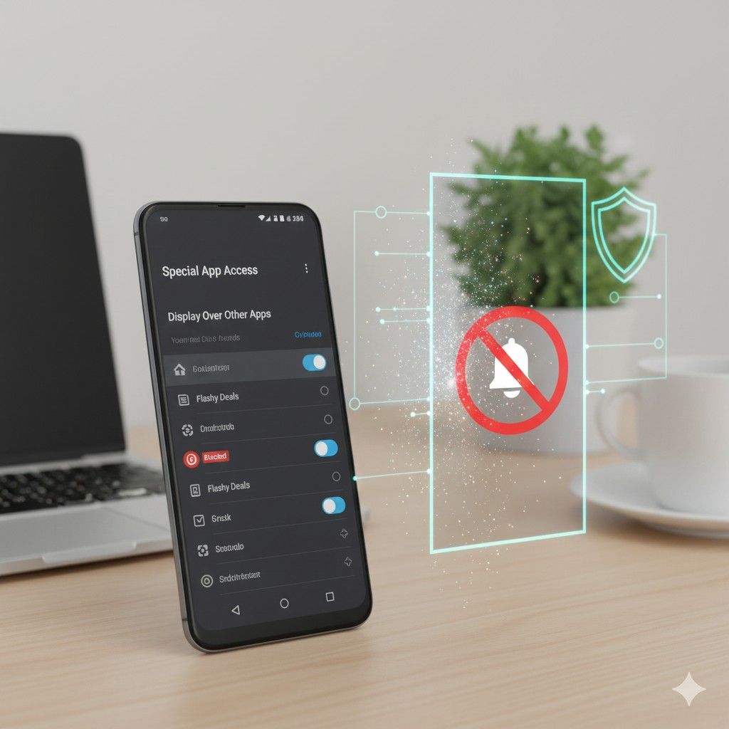 Android smartphone displaying app permissions settings to stop pop-up ads on android, with a fading ad overlay and shield icons, illustrating a guide on how to stop unwanted ads and enhance privacy on Android.