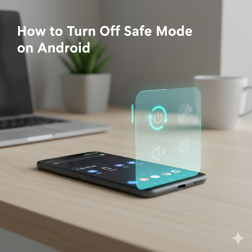 Android smartphone screen displaying Safe Mode watermark, with holographic overlays of a restart button and volume-down key, illustrating Android troubleshooting and how to exit Safe Mode